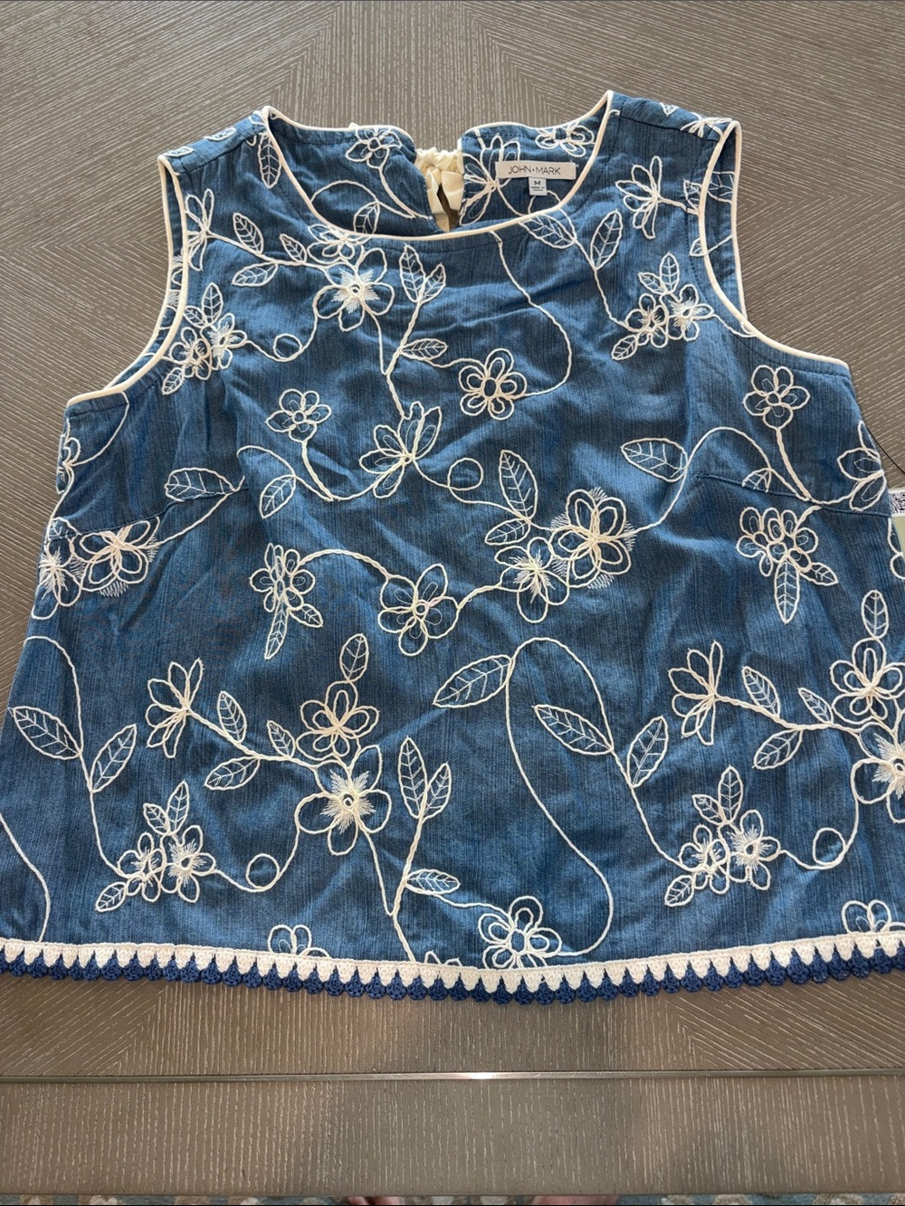 John Mark Blue Tank with White Floral Embroidery